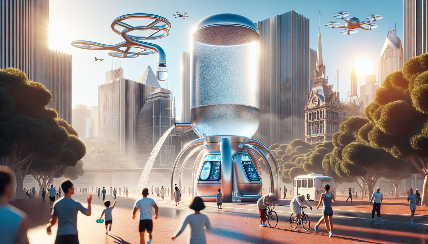 Visualize a futuristic scene set in Australia under bright sunny weather, where air and water fusion technology has revolutionized hydration practices. A massive, gleaming device harnesses the air, pu