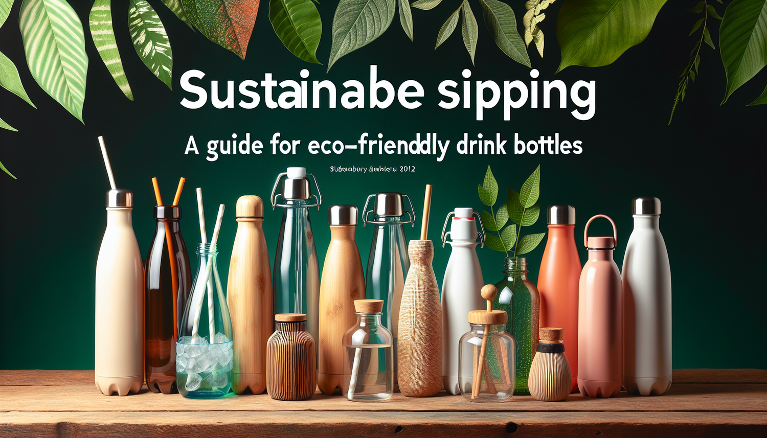 An image that represents a guide for environmentally-friendly drink bottles. Show a variety of drink bottles made from sustainable materials such as glass, bamboo, and stainless steel. Each bottle is 