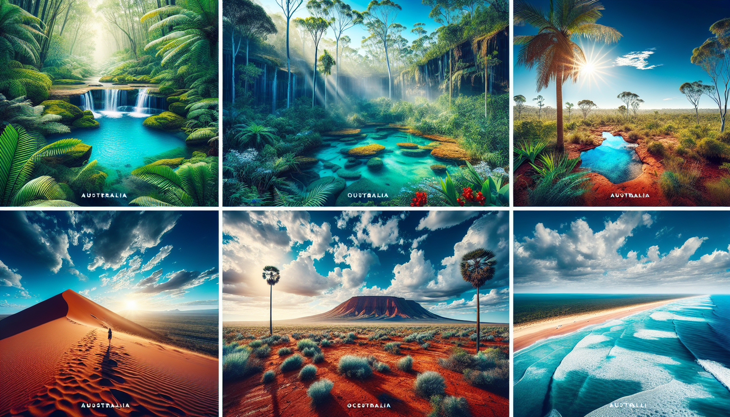 The essence of Australia captured visually: The journey starts with the lushness of tropical rainforests, filled with azure watering holes and green ferns. Moving inland, the rough-hewn beauty of the 