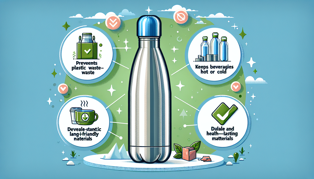 Visualize an infographic on the benefits of using an insulated water bottle. The image should include: 1) A shiny stainless-steel insulated water bottle with a blue cap standing on a table, 2) Differe