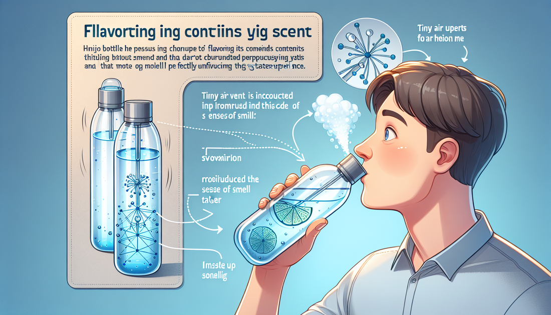 A person is using an innovative water bottle. This advanced bottle possesses the unique characteristic of flavoring its contents via scent and not by directly altering the liquid. Tiny air up vents ar
