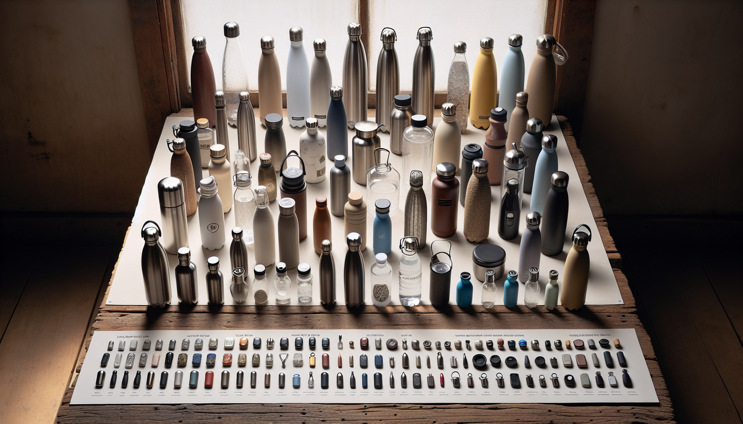 A meticulously organized still-life showcasing a broad spectrum of water bottles. The arrangement features an array of designs, from simple stainless steel options to intricately decorated ones. Each 