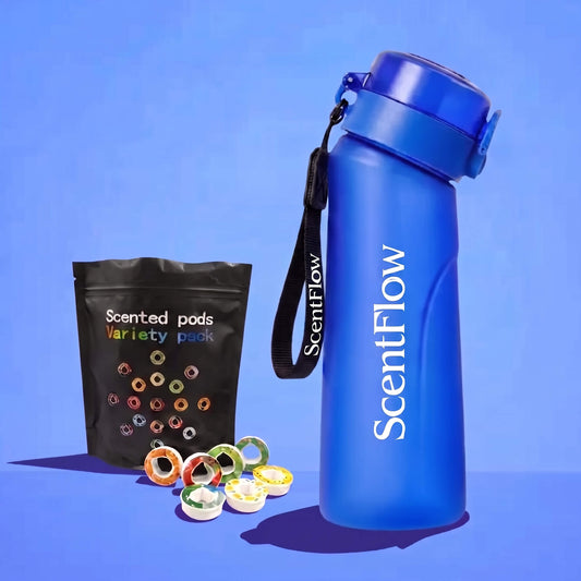 A blue ScentFlow insulated water bottle with a matching blue cap and wrist strap, shown next to a black Scented pods Variety pack pouch and several colorful scent pods on a blue background.
